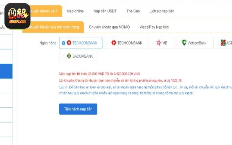 Nạp tiền QH88 qua tài khoản ngân hàng là phương pháp thanh toán phổ biến